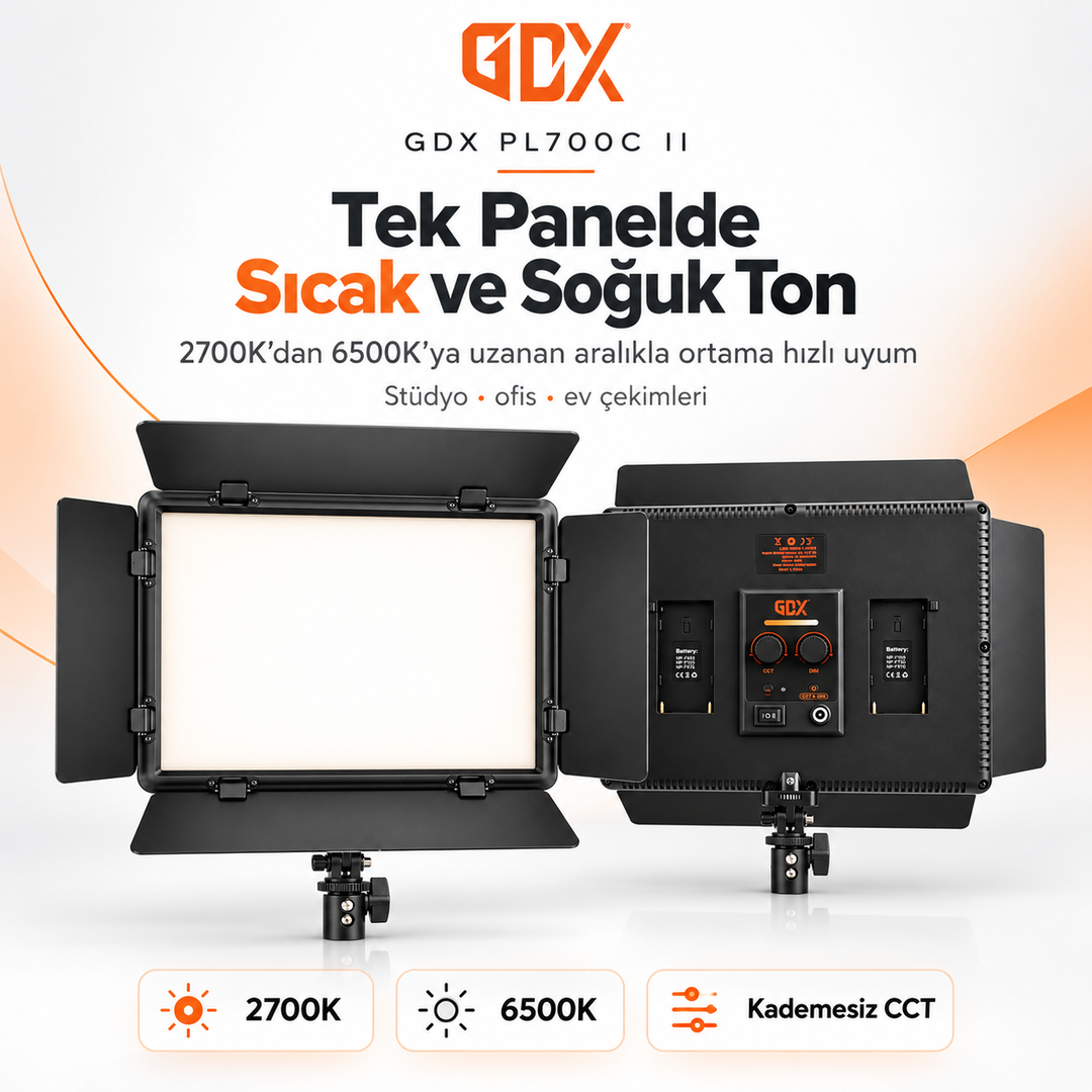 GDX PL700C II 35W 4 Kanat Barndoorlu Bi-Color LED Video Paneli (2700K-6500K, 720 LED, 8 FX Efekt, AC/DC Cift Guclu)