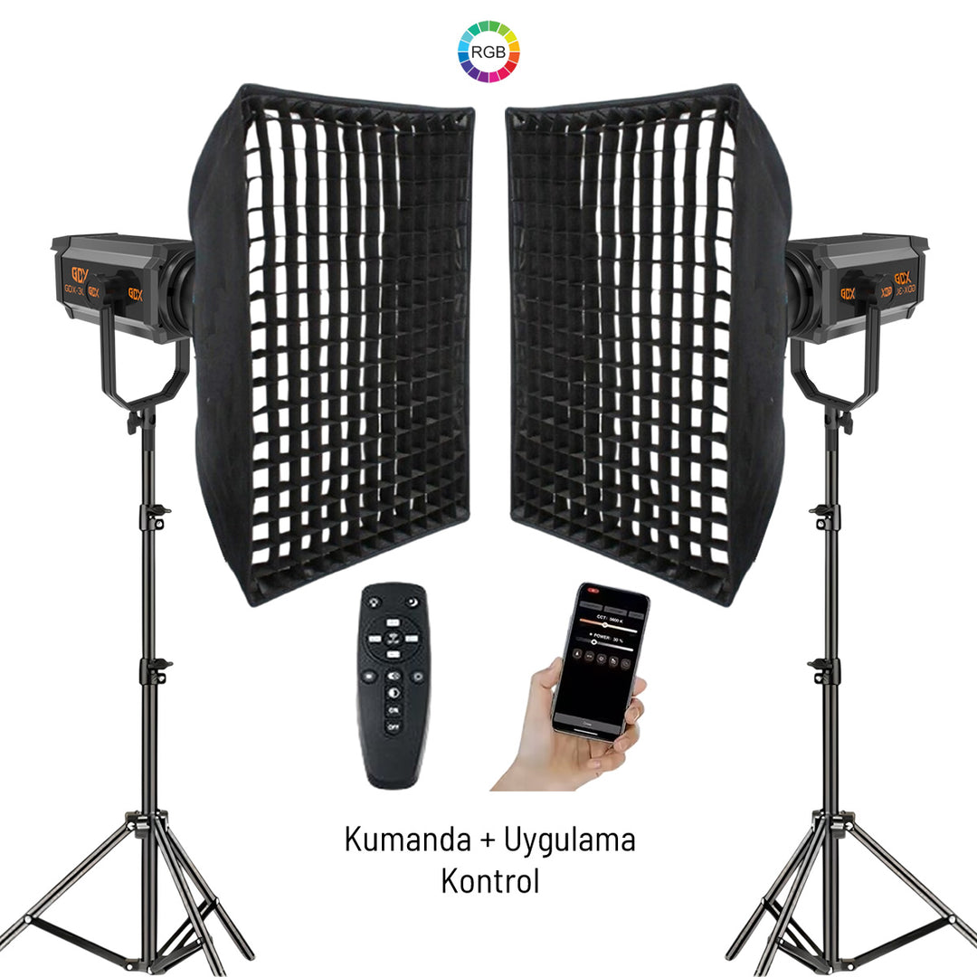 GDX 300 RGB III İkili Dolgu Işığı Seti 2x RGB COB LED Softbox ve 260cm Ayaklı Full Set