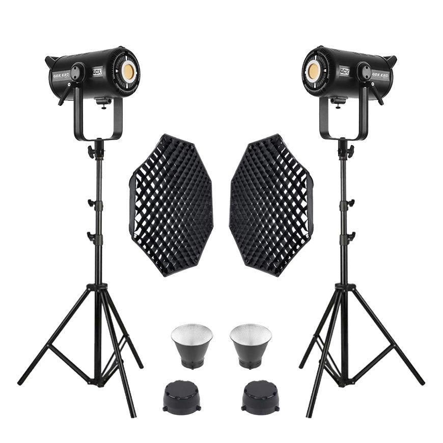 GDX EXC-220C-II Bi-Color LED Video Işığı 2’li Set 460W 2x 95cm Gridli Octagon Softboxlu Tam Set