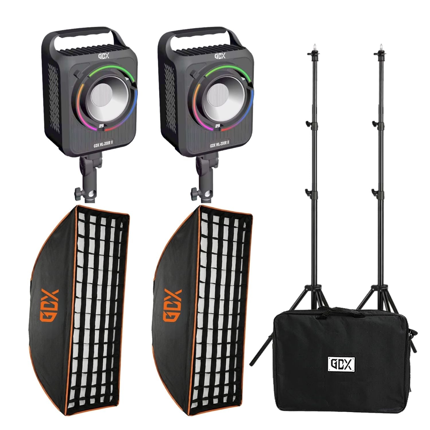 GDX ML-200R II 400W RGBWY LED İkili Sürekli Işık Seti 2700K-8500K Softbox ve Kalın Işık Ayağı Full Paket
