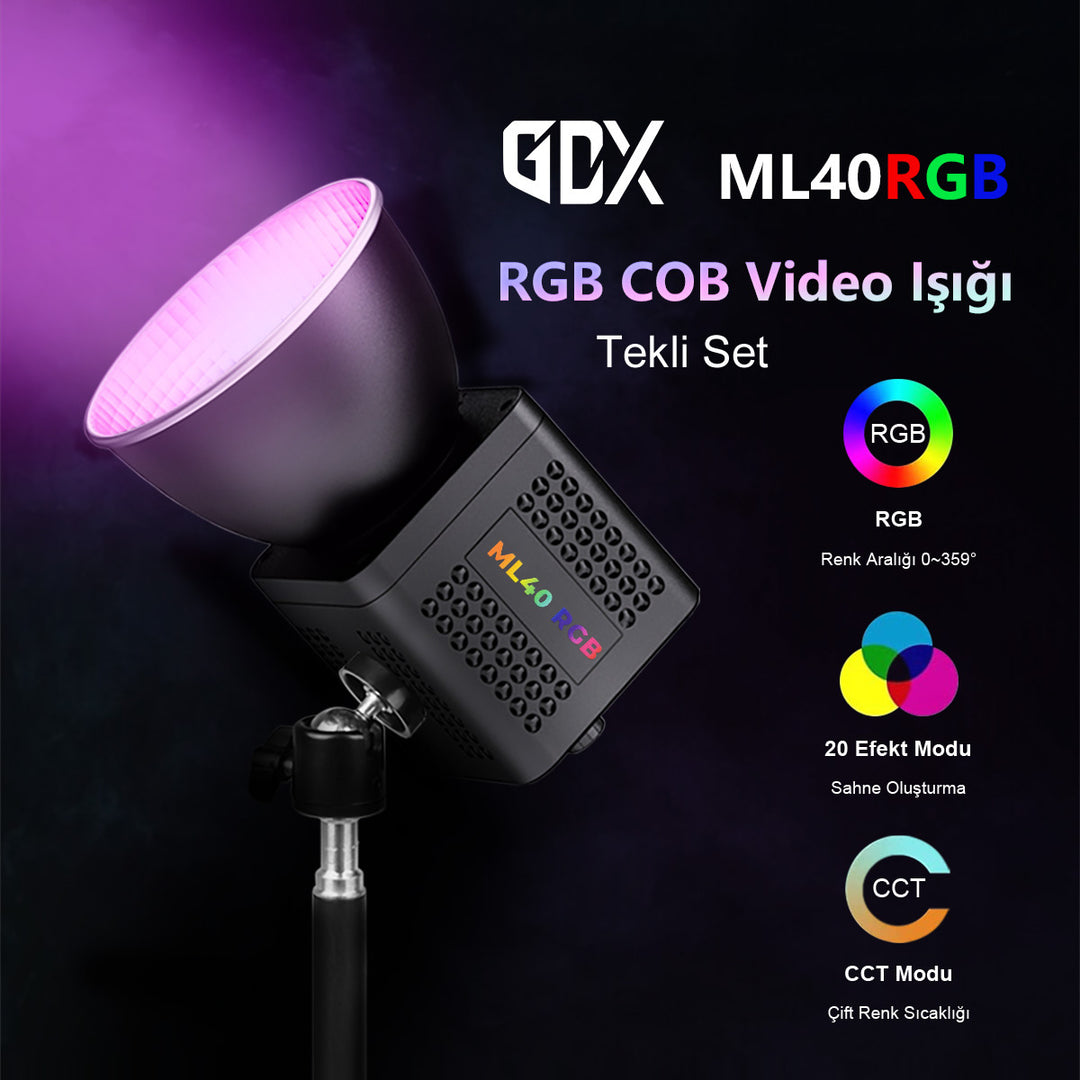 GDX ML40RGB 40W RGB COB Led Video Işık Seti Bataryalı 200cm Ayaklı YouTube Vlog Işığı