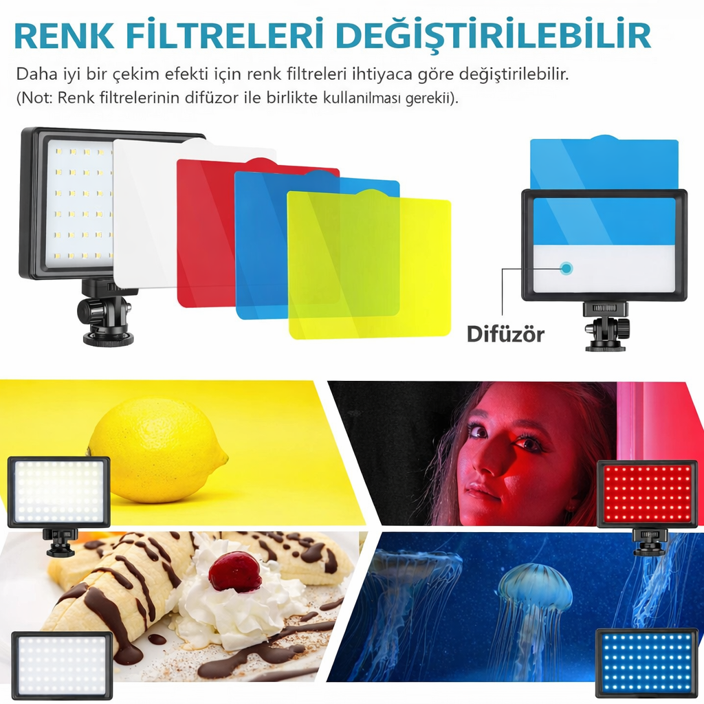 GDX SFT-120C Beyaz LED Mini Panel Işık 2'li Set Masaüstü Standlı Renkli Filtreli Vlog Yayıncı Işığı