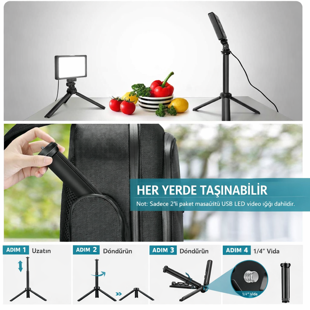 GDX SFT-120C Beyaz LED Mini Panel Işık 2'li Set Masaüstü Standlı Renkli Filtreli Vlog Yayıncı Işığı