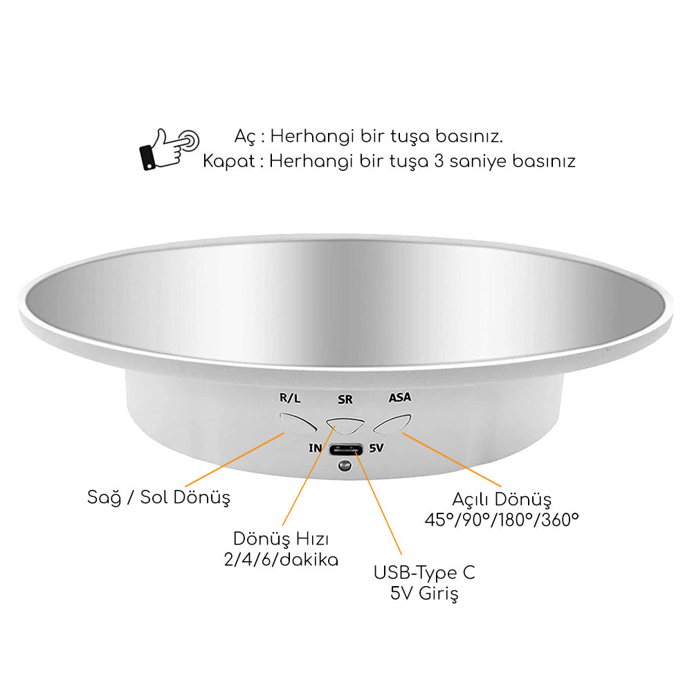 GDX TUTA Çap 20 cm Ayna Yüzeyli 20 cm Döner Tabla 8 kg Kapasiteli 360 Derece Kumandalı Ürün Çekim Platformu
