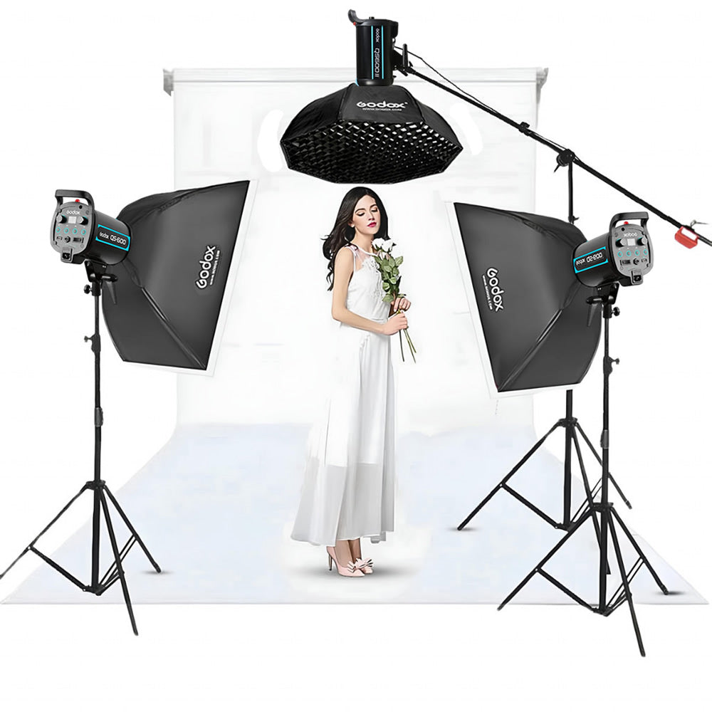 Godox QS600 II W/S 3'lü Stüdyo Paraflaş Gridli SoftBox Kit (600 Watt) & Stüdyo Fon Perde Sistemi
