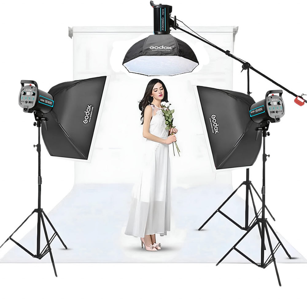 Godox QS600 II W/S 3-Piece Studio Paraflash SoftBox Kit (600 Watt) & Studio Backdrop System