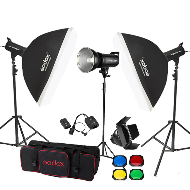 Godox SK400 3'lü Paraflaş Set + Seyyar Fon Perde 3x3 Metre