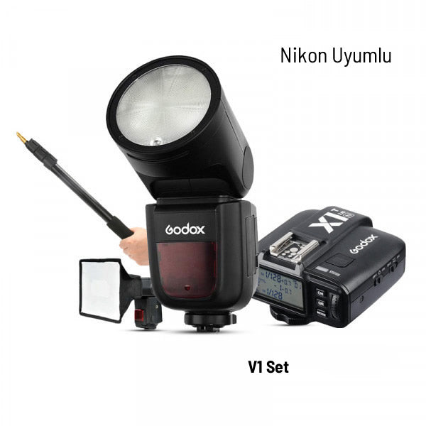 Godox V1 Nikon Flaş Kit (Yuvarlak Kafa) FULL Set