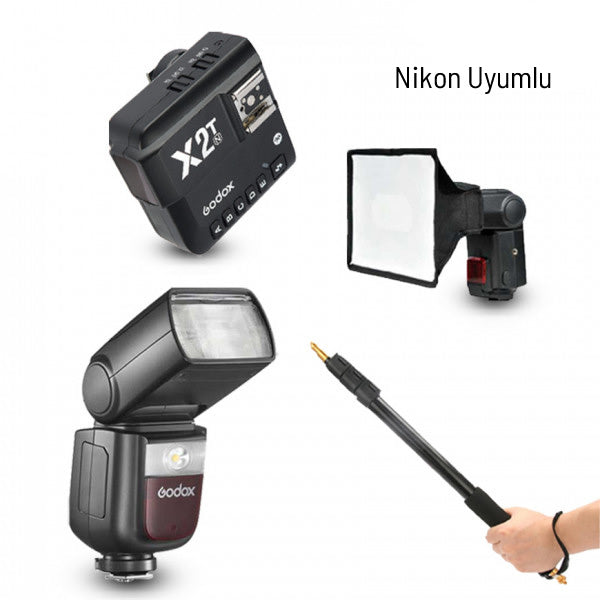 Godox V860III-N Nikon Flaş Full Set (Tepe Flaş + Tetikleyici + Portable Boom + Softbox)