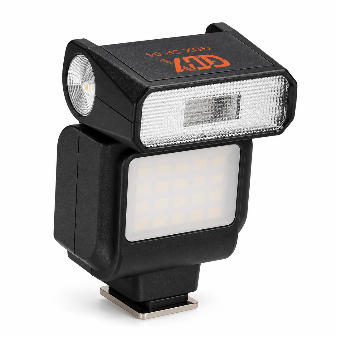 GDX SP-04 Mini Kamera Tepe Flaşı & Bi-Color LED Video Dolgu Işığı (GN8, 2700K-7500K, Type-C Şarjlı, Evrensel Hot Shoe)