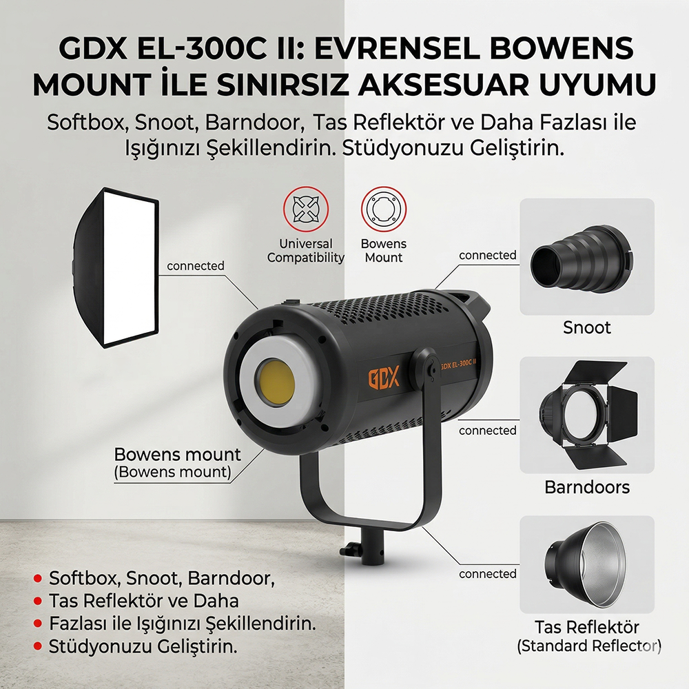 GDX EL-300C II 300W Bi-Color LED Fotoğraf ve Video Işığı 2700K-6500K Profesyonel Bowens Mount Sürekli Işık