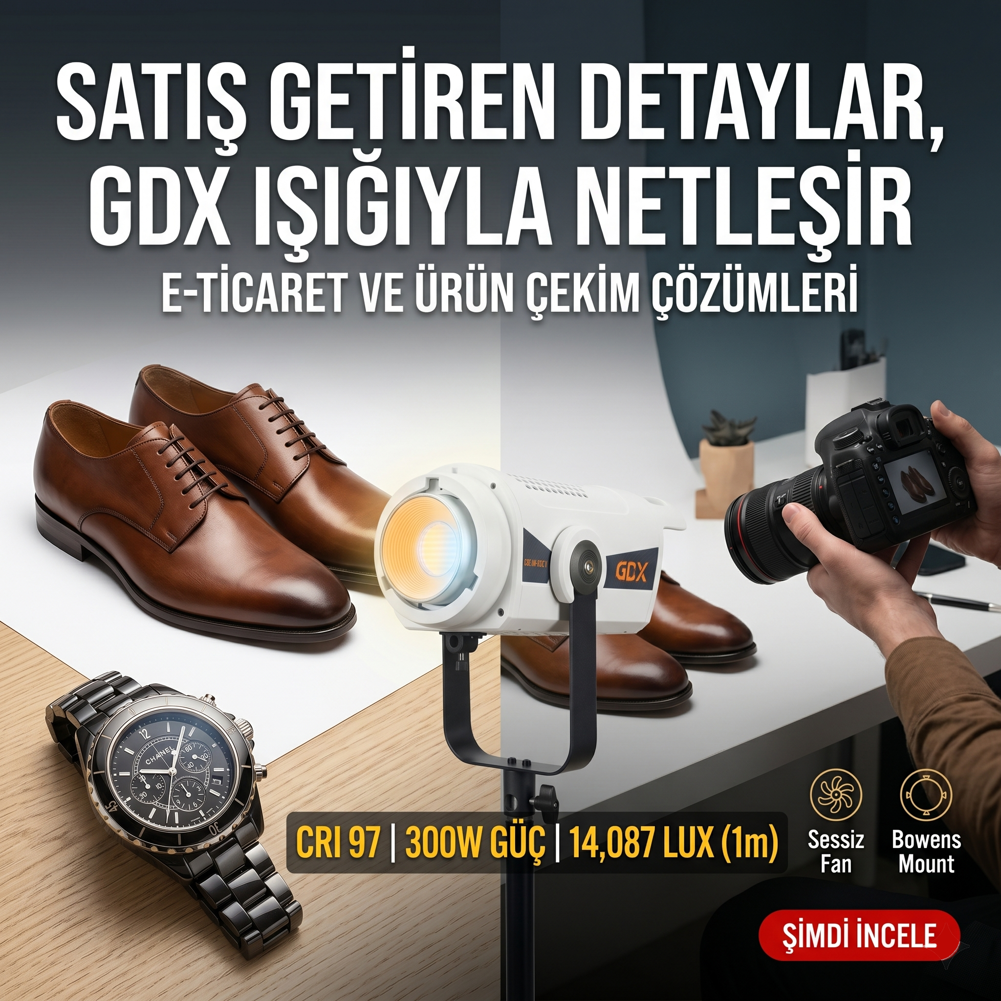 GDX LM-300C II 300W Bi-Color COB LED Fotoğraf ve Video Işığı 2700K-6500K Profesyonel Bowens Mount Sürekli Işık Ünitesi
