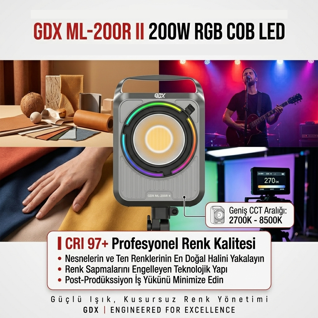 GDX ML-200R II 200W RGBWY LED Fotoğraf ve Video Işığı 2700K-6500K Profesyonel Bowens Mount Sürekli Işık Ünitesi