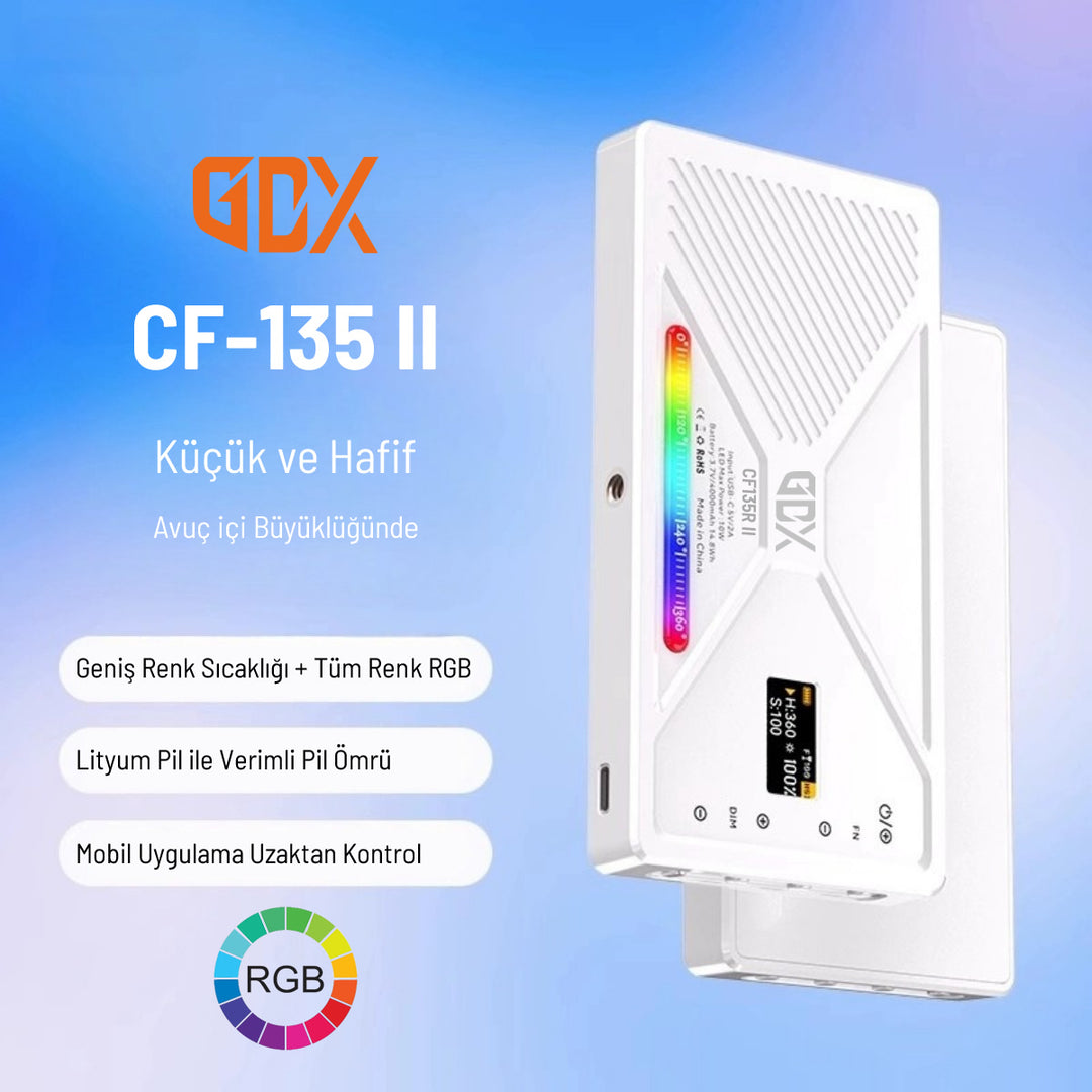 GDX CF-135 II RGB Mini LED Işık 2500-9900K 21 Efektli Şarjlı Taşınabilir 10W 360 Derece Renk Panel LED