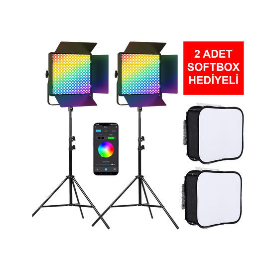 GDX CF-900R 2’li RGB LED Video Işığı Seti 14 Efektli 45W+35W Bluetooth APP Kontrollü 260cm Ayaklı Çantalı Full Set