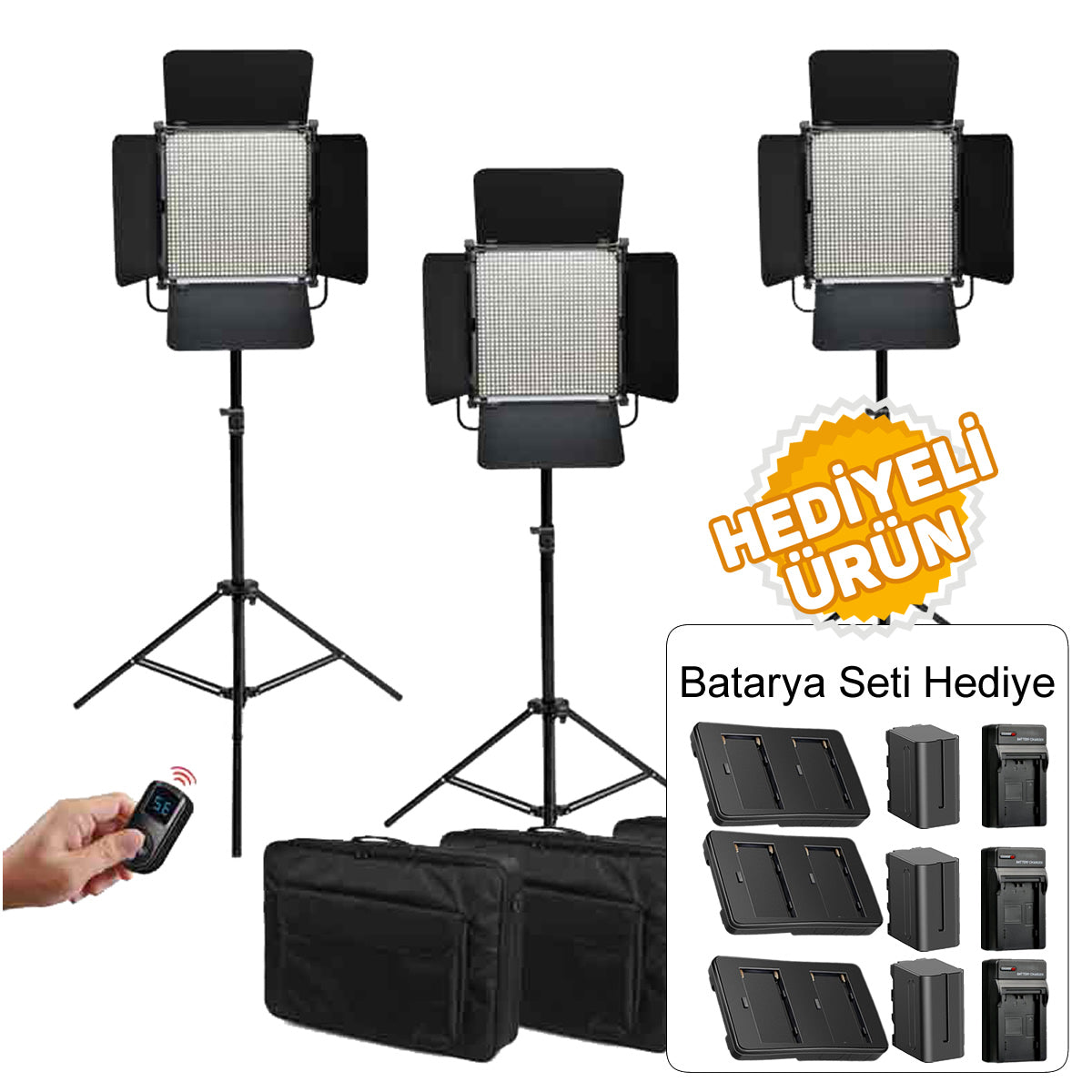GDX CF-LED 1024W 3'lü LED Işık Seti Batarya ve Şarj Cihazı Hediyeli
