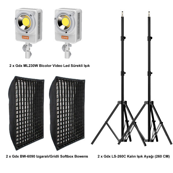 GDX ML230W 230W BiColor İkili Set Bowens Mount 60x90 Softbox 260cm