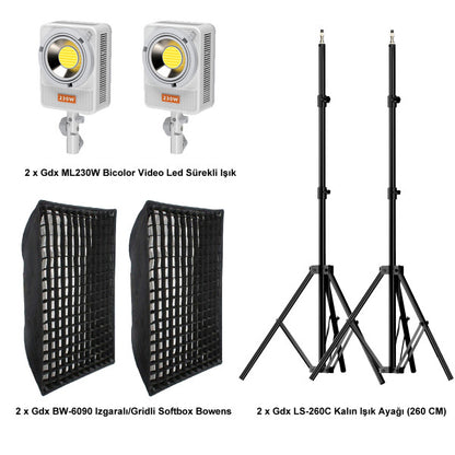 Gdx ML230W Bicolor Video ve Fotoğraf 60x90 Gridli Softbox İkili Sürekli Işık Seti