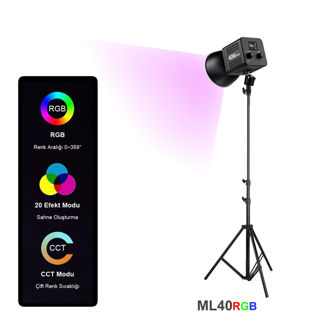 GDX ML40RGB 40W RGB COB Led Video Işık Seti Bataryalı 200cm Ayaklı YouTube Vlog Işığı