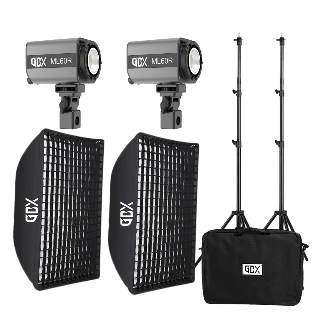 GDX ML60RGB 60W RGB Bataryalı Led İkili Set 60x90 Gridli Softbox 2.6m Işık Ayaklı