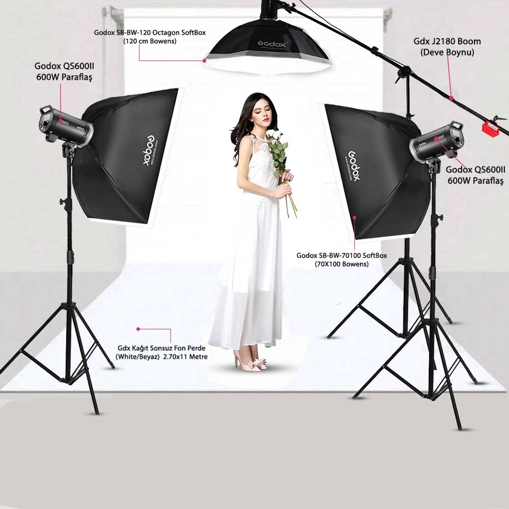 Godox QS600 II W/S 3'lü Stüdyo Paraflaş SoftBox Kit (600 Watt) & Stüdyo Fon Perde Sistemi