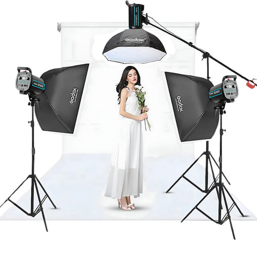 Godox QS600 II W/S 3'lü Stüdyo Paraflaş SoftBox Kit (600 Watt) & Stüdyo Fon Perde Sistemi