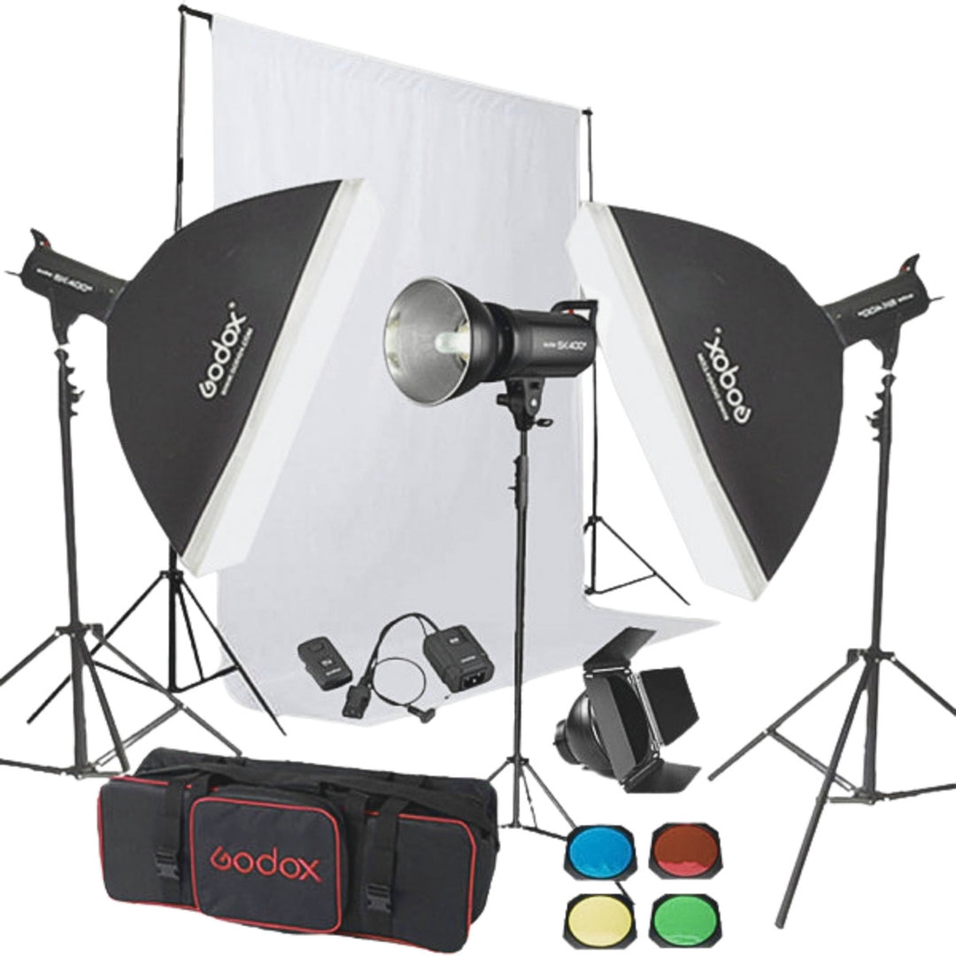 Godox SK400 3'lü Paraflaş Set + Seyyar Fon Perde 3x6 Metre