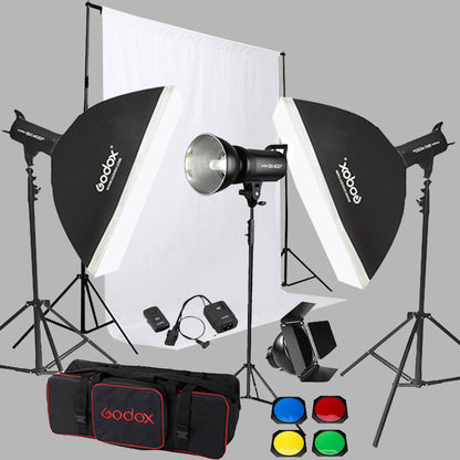 Godox SK400 3'lü Paraflaş Set + Seyyar Fon Perde 3x6 Metre