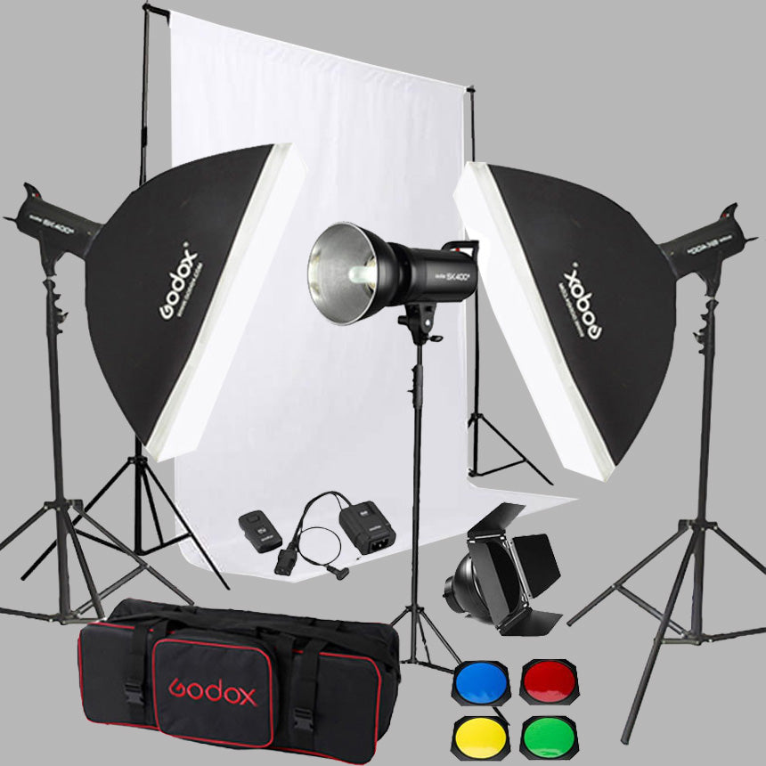 Godox SK400 3'lü Paraflaş Set + Seyyar Fon Perde 3x6 Metre