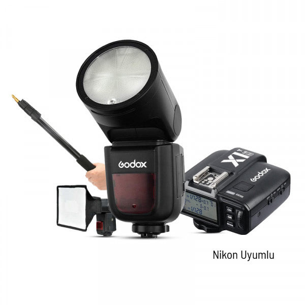 Godox V1 Nikon Flaş Kit (Yuvarlak Kafa) FULL Set
