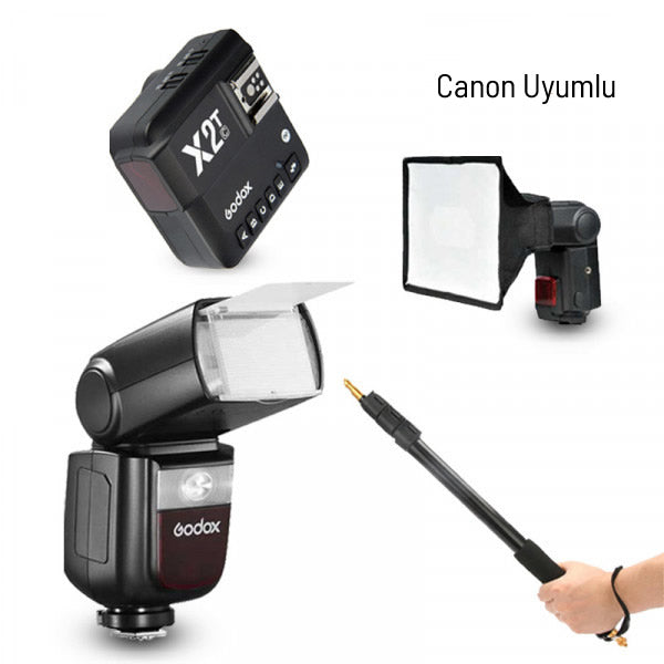 Godox V860III-C Canon Flaş Full Set (Tepe Flaş + Tetikleyici + Portable Boom + Softbox)