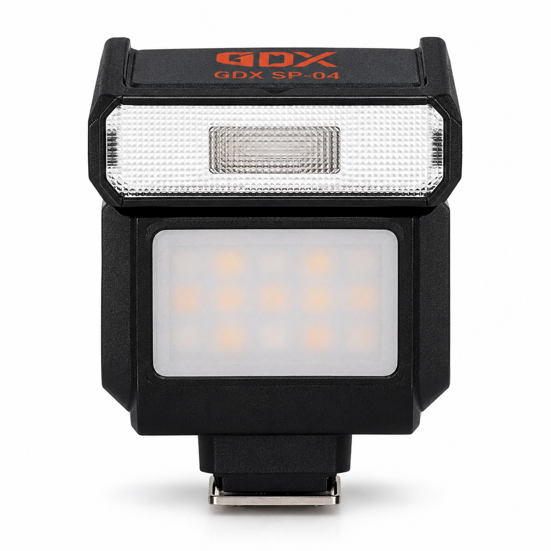 GDX SP-04 Mini Kamera Tepe Flaşı & Bi-Color LED Video Dolgu Işığı (GN8, 2700K-7500K, Type-C Şarjlı, Evrensel Hot Shoe)